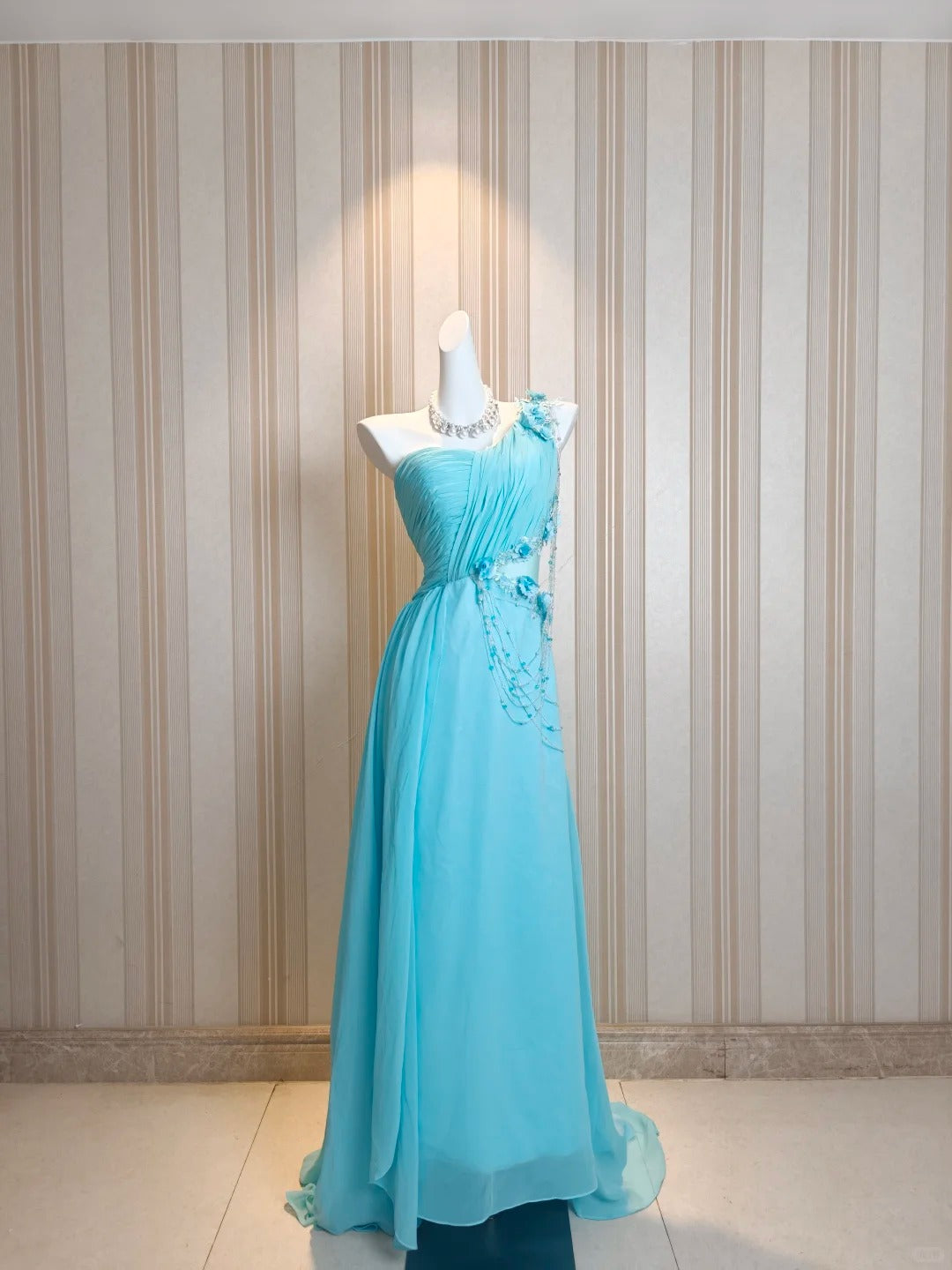 Vintage Prom Dresses A line One Shoulder Blue Chiffon 80s With Flowers Long Formal Evening Outfits N4217