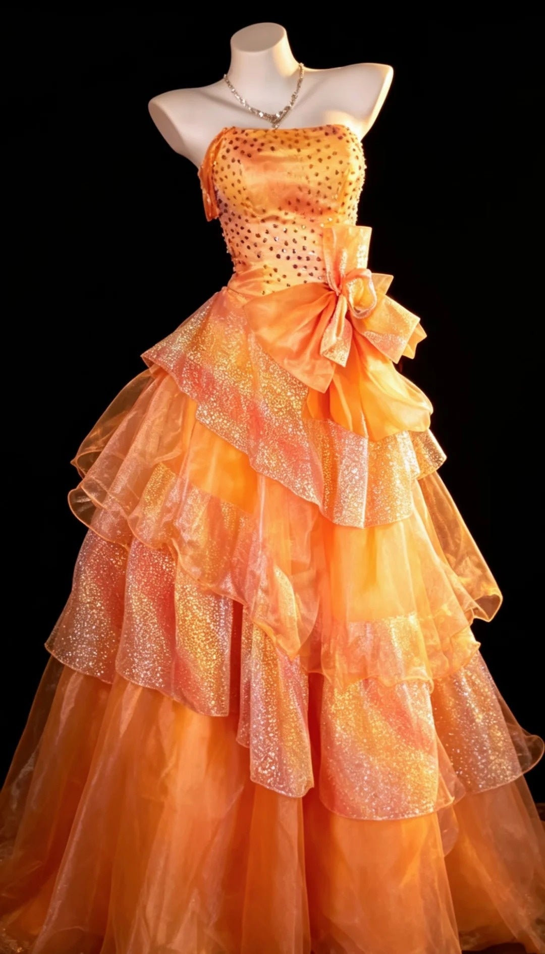 Modest Ball Gown Strapless Orange Ruffled Tiered Layers Evening Dresses Night Date Prom Dress N4474