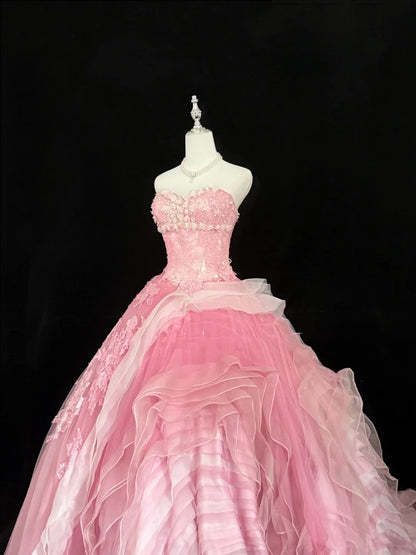 Sweet 15 Quinceanera Dress Ball Gown Sweetheart Pink With Lace Appliques Tulle 15th Birthday Gown RC0254