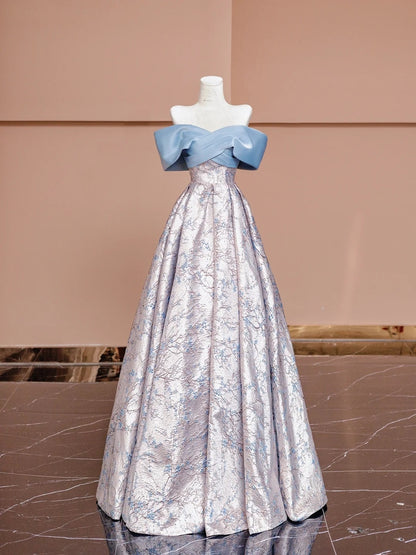 Gorgeous A line Off The Shoulder Blue With Sleeves Satin Formal Evening Dress Gowns Prom Dresses N726