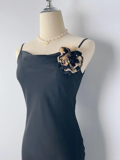 Vintage Mermaid Spaghetti Strap Black With Ruffles Chiffon Tea Length Prom Dresses Formal Outfits RB3907