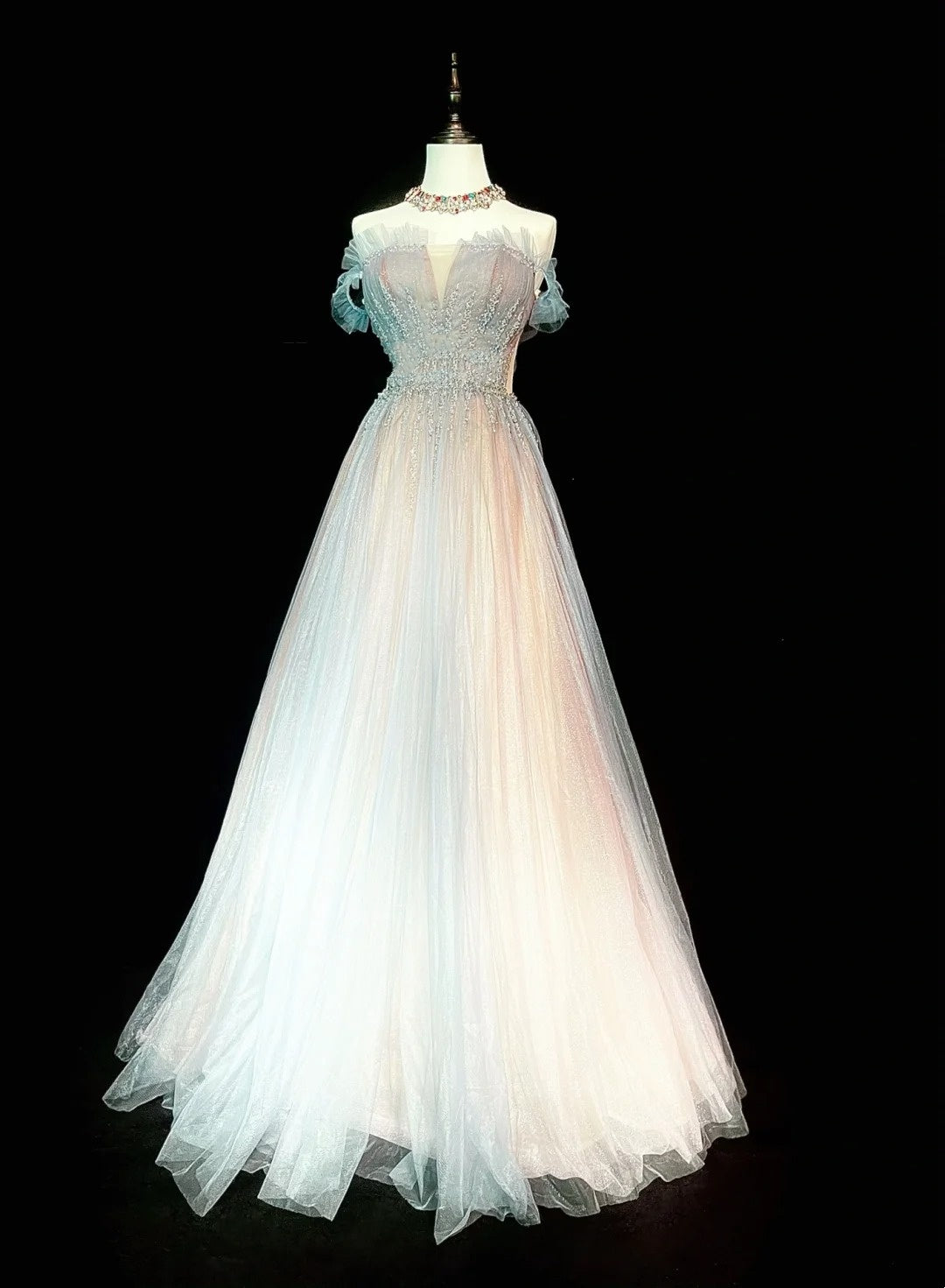 Vintage 1760s A Line Off The Shoulder With Cape Tulle Sleeves Pleated Long Prom Dresses N1584