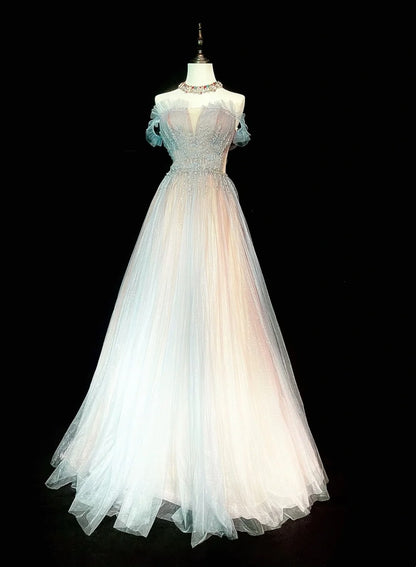 Vintage 1760s A Line Off The Shoulder With Cape Tulle Sleeves Pleated Long Prom Dresses N1584
