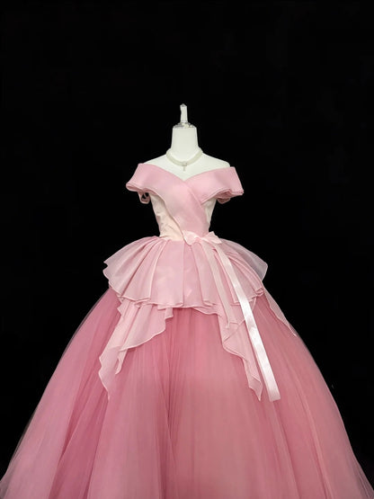 Tulle Prom Dress Long Floor Length Ball Gown Off Shoulder Pink With Sleeves Formal Evening Gown For Women RC0278