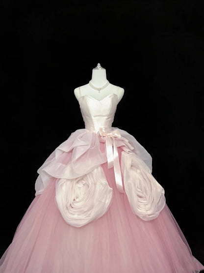 Sweet 15 Quinceanera Dress Ball Gown Spaghetti Straps Pink With Flowers Tulle 15th Birthday Gown RC0251
