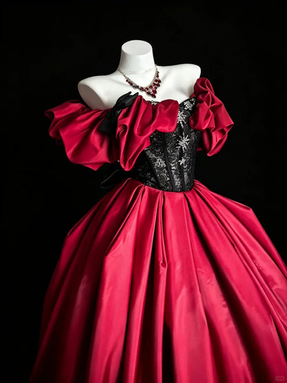 Princess Ball Gown Off The Shoulder Red Satin With Black Lace Sweet 16 Dresses Quinceanera Dress N4194