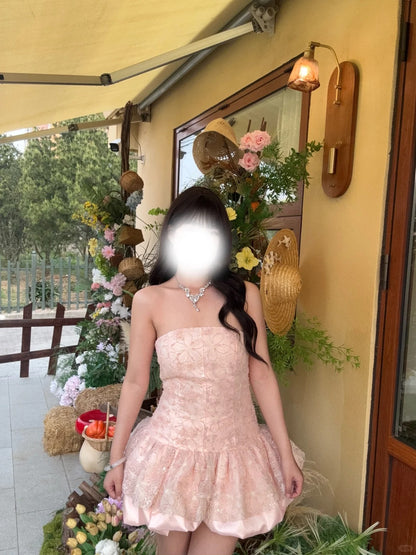 Modest Ball Gown Strapless Pink Lace Short Mini Senior Inspo 16th Birthday Outfits Homecoming Dresses RB3973
