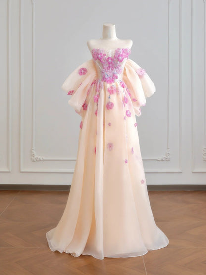 Princess Ball Gown Strapless Champagne Tulle With Lace Long Prom Dresses Inspiration Party Gowns N309