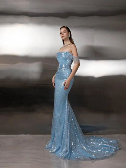 Customized Evening Dress Off-the-shoulder Mermaid Floor length Sequin Tassel Prom Gown AB1677