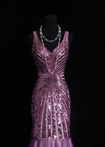 Vintage Prom Dresses Aesthetic 80s Retro Mermaid V Neck Lilac Sequins Floor Length Evening Outfits N2330