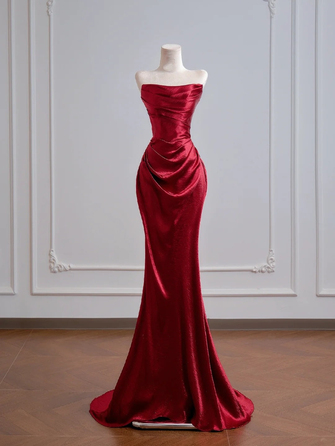 Romantic Mermaid Strapless Red Satin Long Prom Dresses Impress 18th Birthday Outfits Party Gown N392