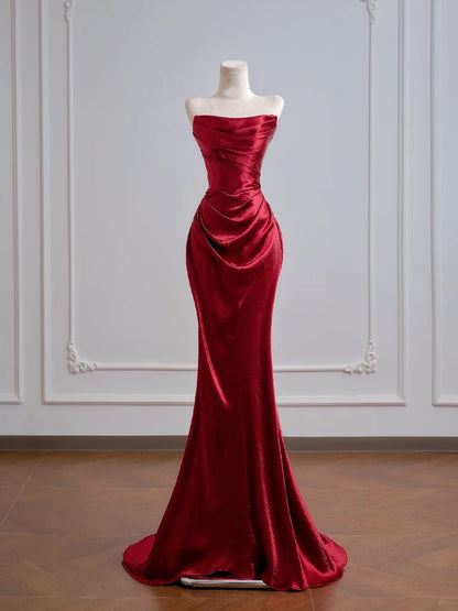 Romantic Mermaid Strapless Red Satin Long Prom Dresses Impress 18th Birthday Outfits Party Gown N392