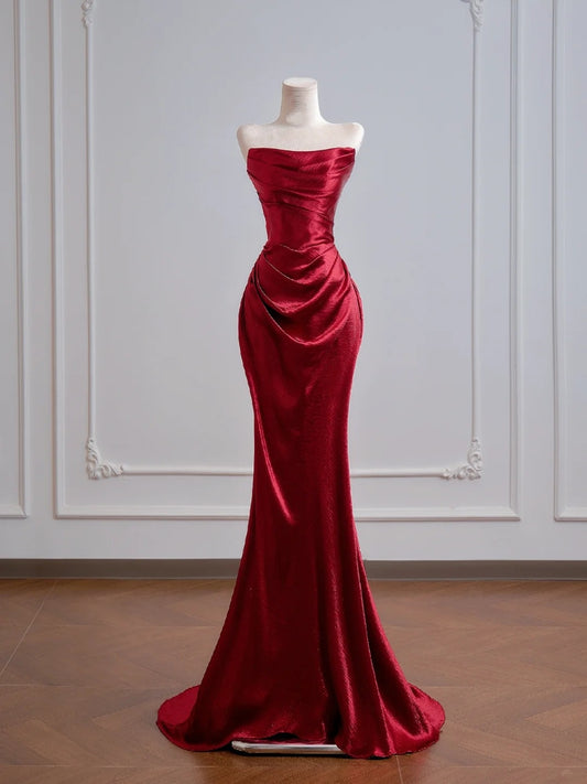 Romantic Mermaid Strapless Red Satin Long Prom Dresses Impress 18th Birthday Outfits Party Gown N392