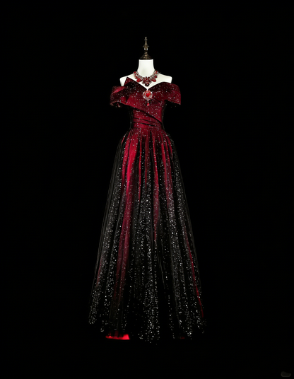 Dreamy Prom Dresses Vintage 90s Retro Off The Shoulder A line Burgundy Black Long Formal Outfits N2374
