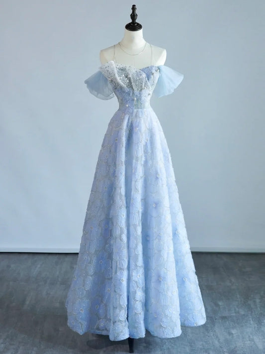 Princess Ball Gown Off The Shoulder Light Sky Blue College Formal Outfit Prom Graduation Dresses For Teens N1346