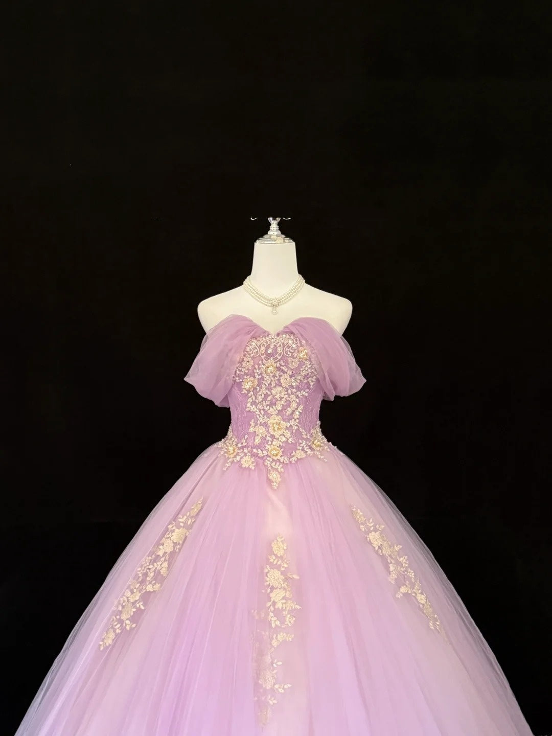 Tulle Prom Dress Long Floor Length Ball Gown Off Shoulder Lilac With Sleeves Lace Formal Evening Gown For Women RC0266
