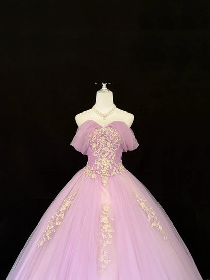 Tulle Prom Dress Long Floor Length Ball Gown Off Shoulder Lilac With Sleeves Lace Formal Evening Gown For Women RC0266