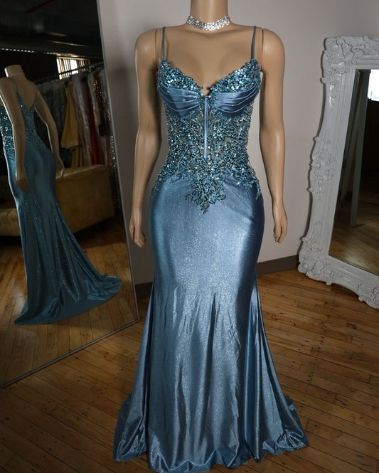 Blue Mermaid Spaghetti Straps Satin Long Appliques Sequin Prom Dress AB1695