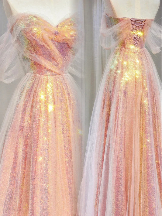 Gorgeous A line Off The Shoulder Pink Sequined With Short Sleeves Formal Evening Dress Gowns Long Prom Dresses N721