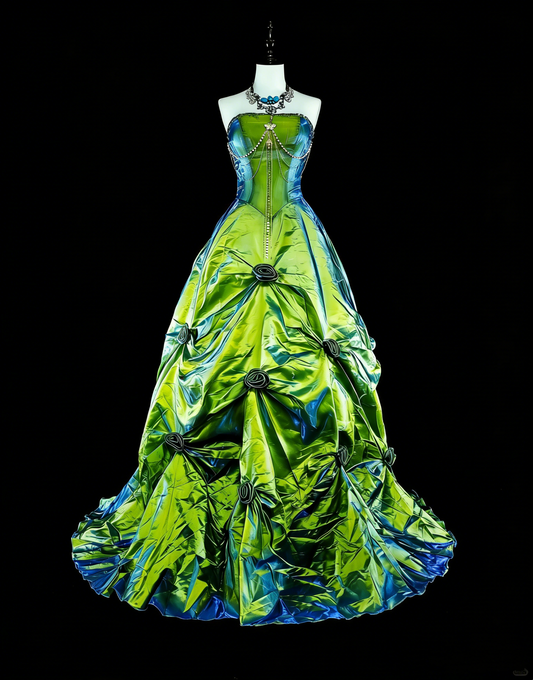 Vintage Prom Dresses Ball Gown Strapless Green Taffeta With Ruffle 1980s Long Formal Gown N2714