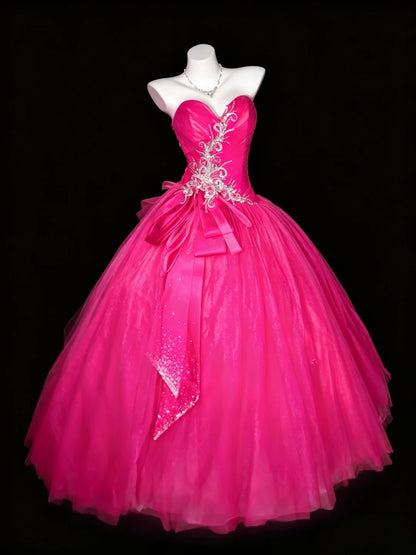 Sweet Ball Gown Sweetheart Hot Pink Tulle Quince Dress Long Sweet 15 16 Quinceanera Dresses Vestido de princesa RB4470