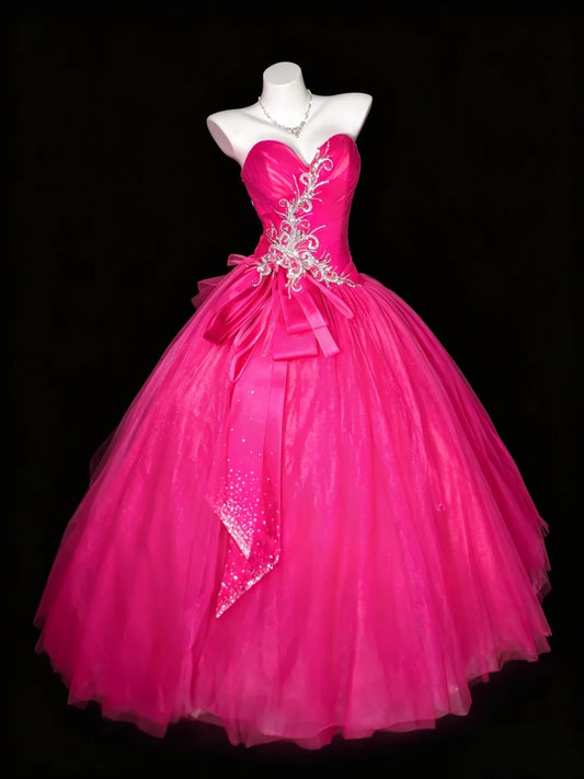 Sweet Ball Gown Sweetheart Hot Pink Tulle Quince Dress Long Sweet 15 16 Quinceanera Dresses Vestido de princesa RB4470