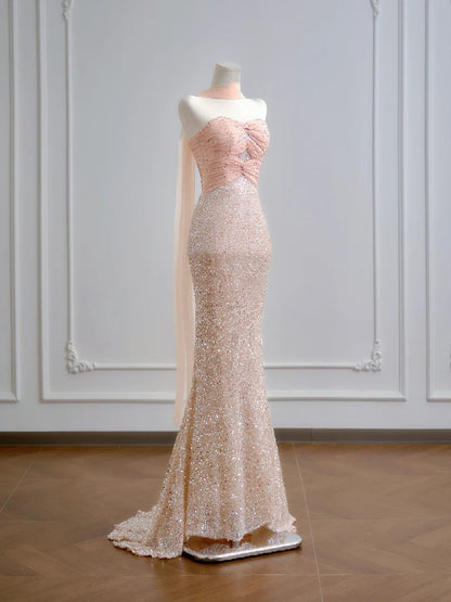 Sparkling Mermaid Sweetheart Champagne Pink Sequin Long Prom Dresses Impress 18th Birthday Outfits Party Gown N386