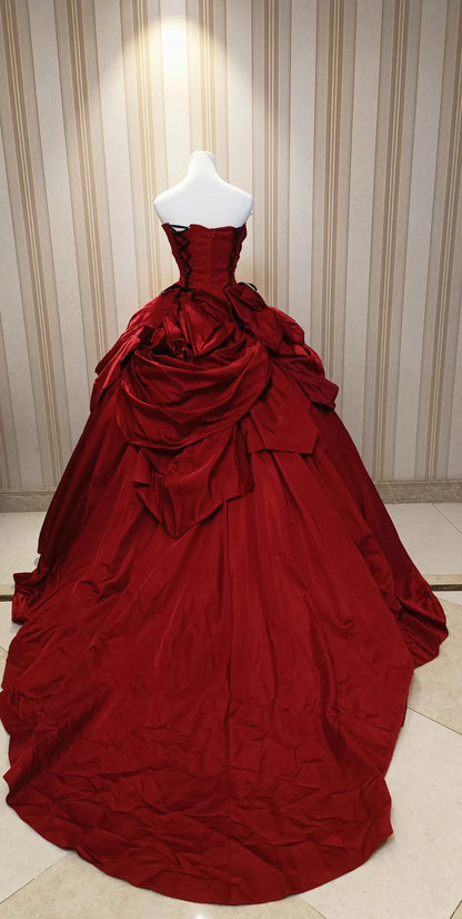 Princess Ball Gown Strapless Red Satin With Appliqued Sweet 16 Dresses Quinceanera Dress N4193
