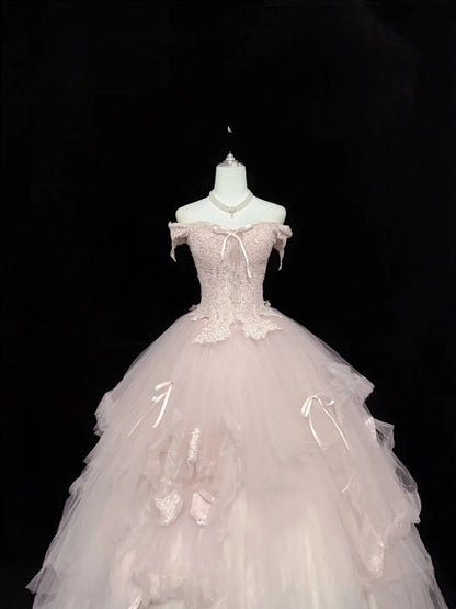 Sweet 15 Quinceanera Dress Ball Gown Off Shoulder Blush Pink With Tiered Long 15th Birthday Gown RC0289