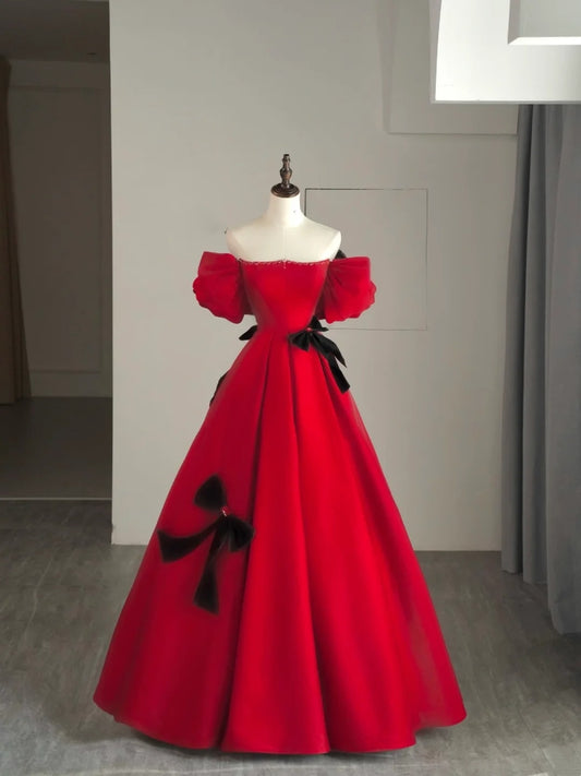 Modest Night Aesthetic Ball Gown Off The Shoulder Red Satin College Formal Sweet 16 Outfit Long Prom Dresses For Teens N1165