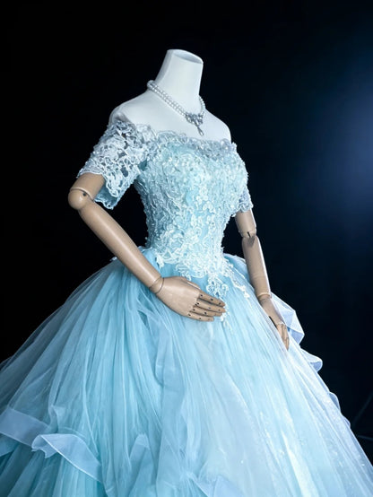 Modest Prom Dresses Ball Gown Off The Shoulder Light Blue Tulle With Sleeves Long Quince Dress N3050