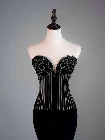 Modest Mermaid Sweetheart Black Velvet College Formal Outfit Prom Graduation Dresses For Teens N1178