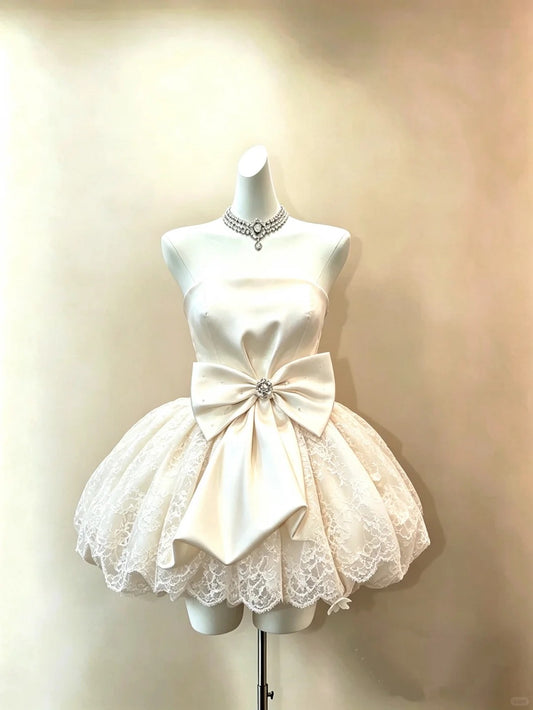 Romantic Ball Gown Strapless Ivory With Bow Lolita Dress Homecoming Dresses Hoco Outfits RB4706