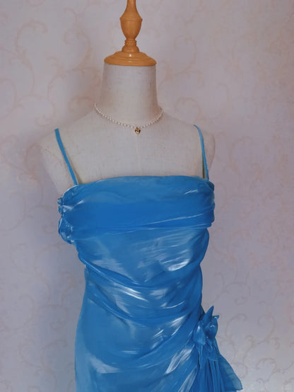 Vintage Prom Dresses 70s Mermaid Spaghetti Straps Blue Irregular Hem Tea Length Formal Outfits RB4314