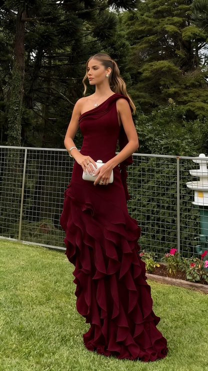 Simple Mermaid One Shoulder Light Sky Blue Chiffon With Ruffles Long Prom Dresses Impress Wedding Guest Dress Party Gown N289