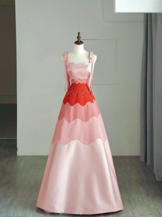 Ball Gown Straps Pink Satin Long Prom Dress Fashion Aesthetic High School Formal Dresses Party Outfits Prom Gown N681