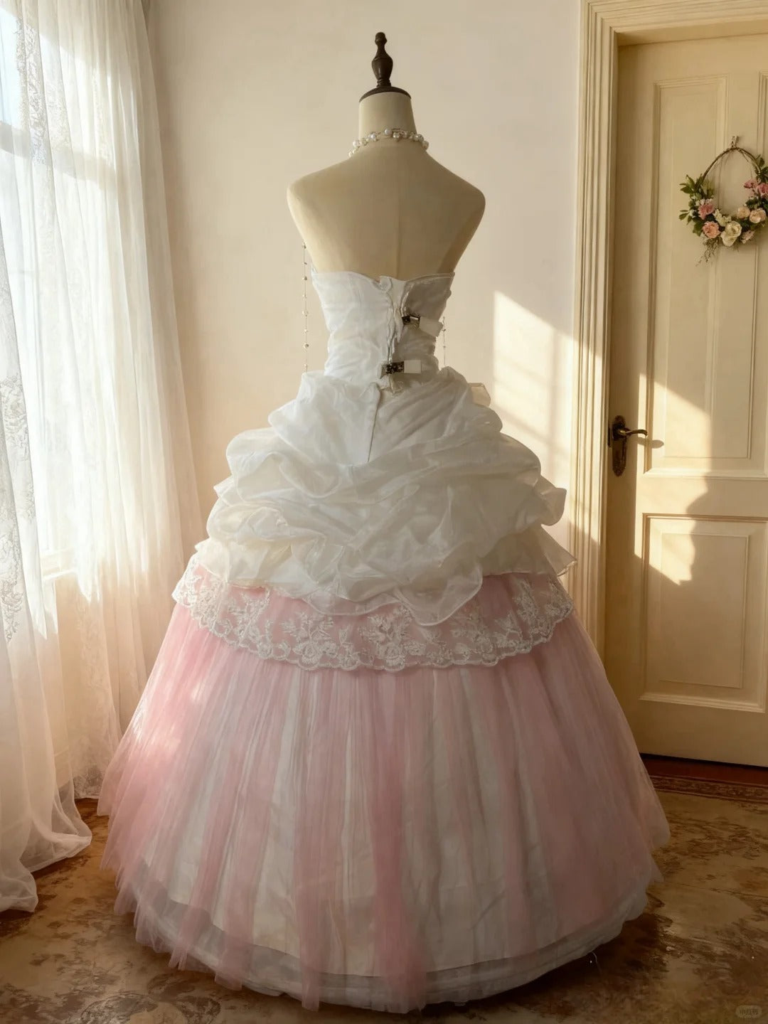 Princess Ball Gown Strapless White And Pink Tulle Long Sweet 15 16 Quinceanera Dresses Seventeen Quince Dress RB4248