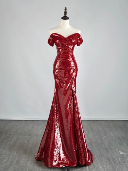 Gorgeous Burgundy Off The shoulder Mermaid Sequin With Short Sleeves Formal Evening Dress Gowns Prom Dresses N691
