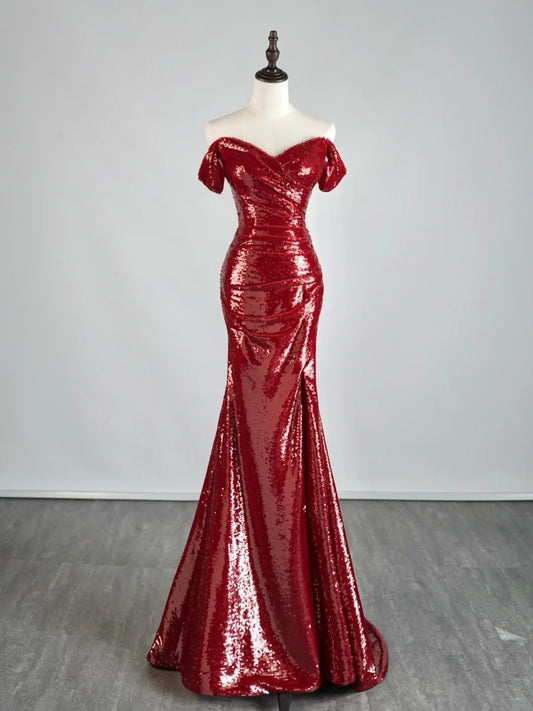 Gorgeous Burgundy Off The shoulder Mermaid Sequin With Short Sleeves Formal Evening Dress Gowns Prom Dresses N691