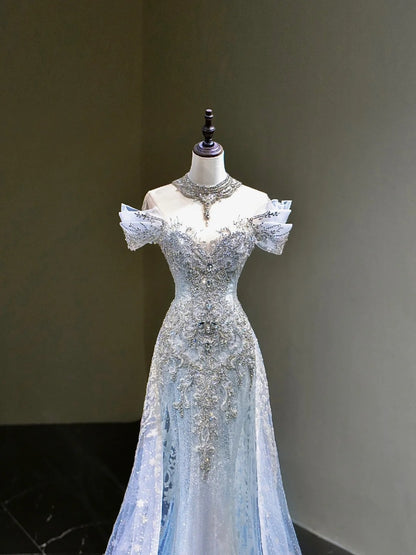 Dream Mermaid Off The Shoulder Aesthetic Sequin Blue Long Prom Dresses Inspiration Party Dress Prom Gown RB1667