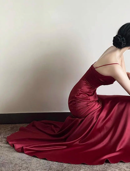 Romantic Mermaid Spaghetti Strap Burgundy Satin With Pleated Formal Dress Long Prom Dresses N2824