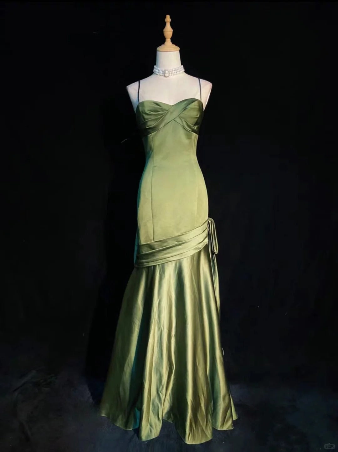 Stunning Chic Mermaid Spaghetti Strap Dark Green Satin With Pleated Formal Dress Long Prom Dresses N2823