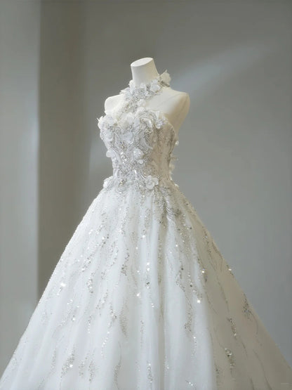 Classic Ball Gown High Neck Wedding Dresses Crystal Beading Sequin White Brides Dress Summer Bridal Gowns N276