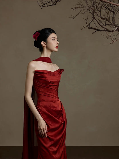 Simple Mermaid Sweetheart With Scarf Burgundy Satin Long Prom Dresses Formal Gowns Inspo Evening Outfit N230
