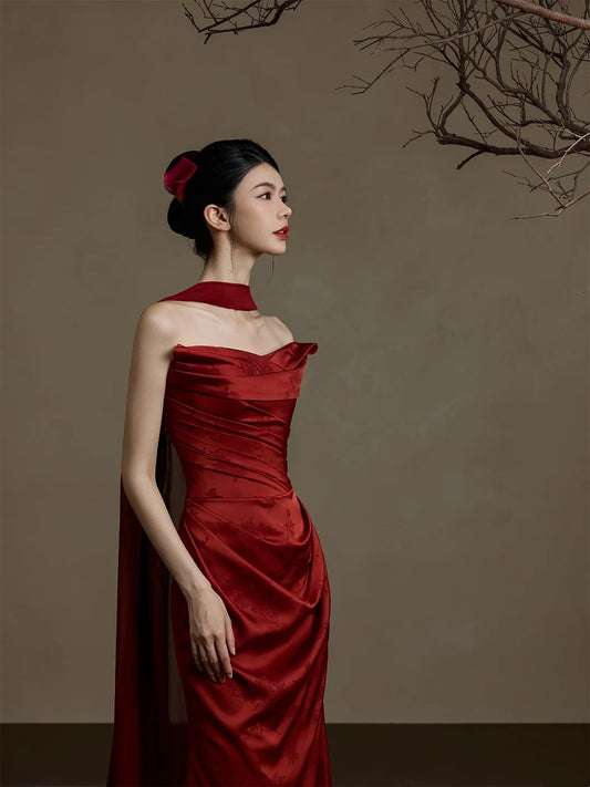 Simple Mermaid Sweetheart With Scarf Burgundy Satin Long Prom Dresses Formal Gowns Inspo Evening Outfit N230