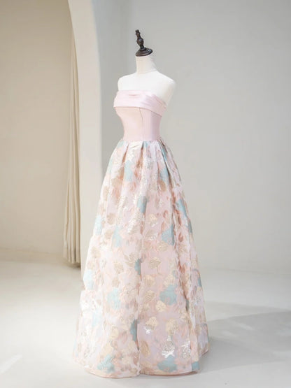Classy Ball Gown Strapless Pink Floral Satin Prom Dresses Long Party Dress 18th Birthday Outfit Graduation Dress RB1037