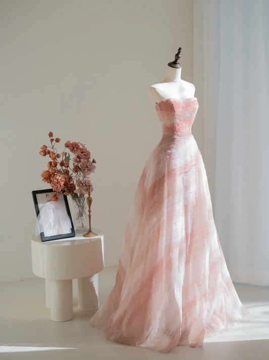 Classy Ball Gown Strapless Pink Tulle Crystals Beading Prom Dresses Long Party Dress 18th Birthday Outfit Graduation Dress N233