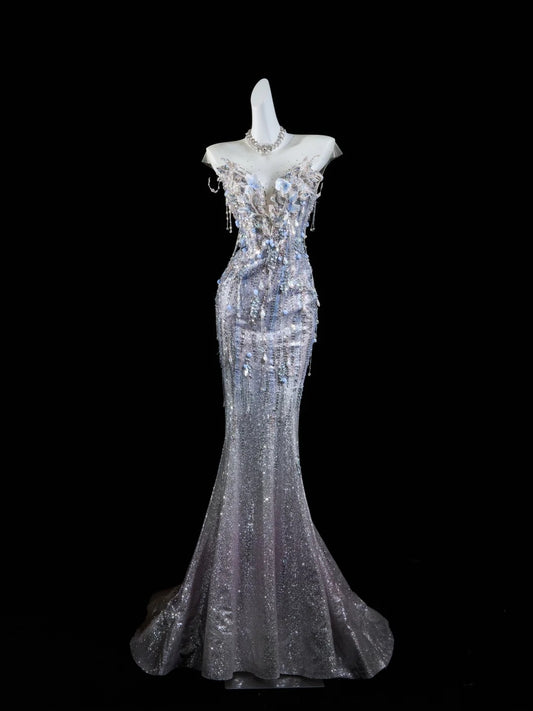 Classic Mermaid Wedding Dresses Sweetheart Silver Gray Sequin With Gem Crystals Brides Dress Bridal Gowns N299