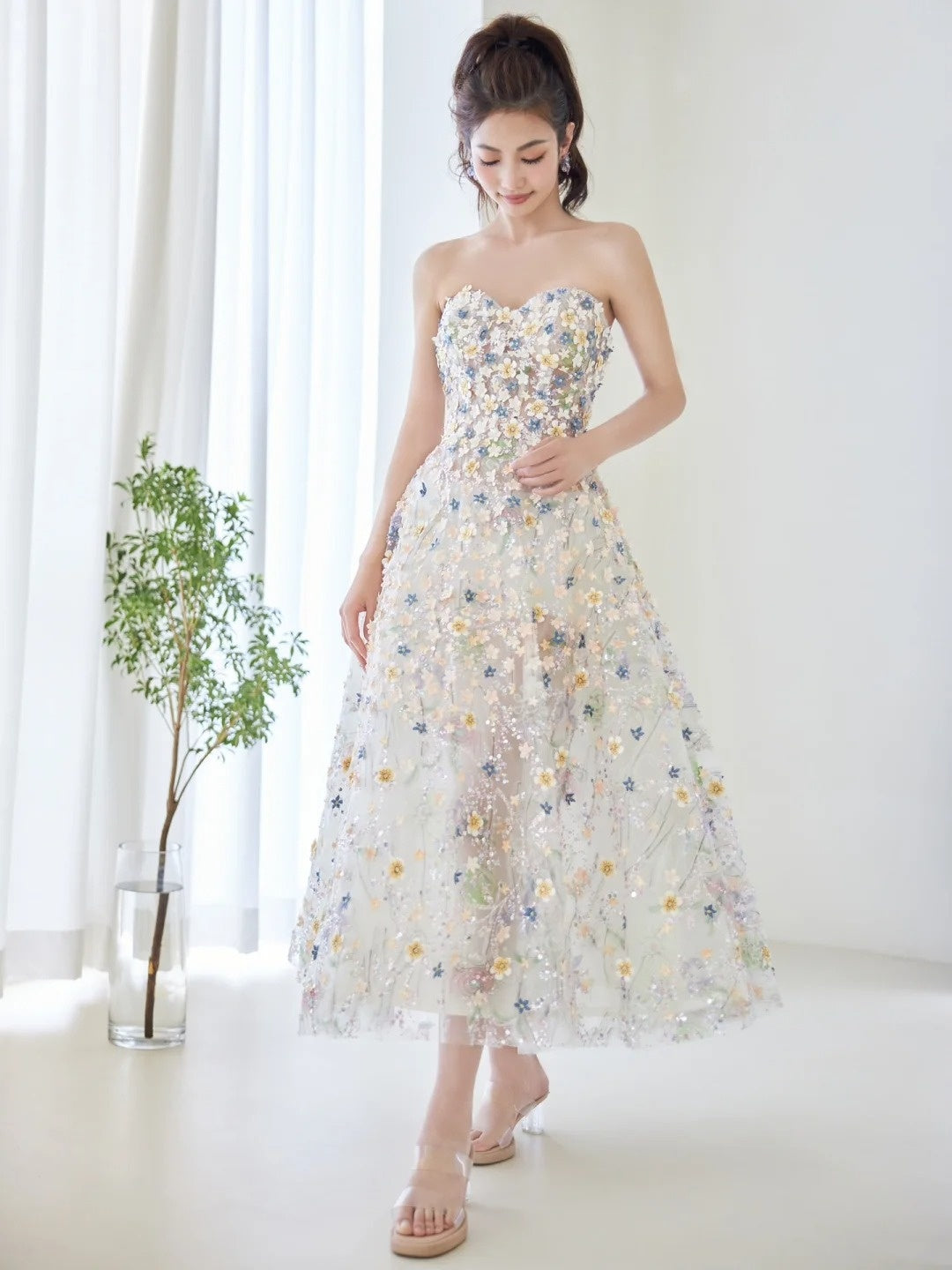 Cute Ball Gown Sweetheart Floral Tulle Tea Length Prom Dresses Formal Gowns Inspo Evening Outfit N303