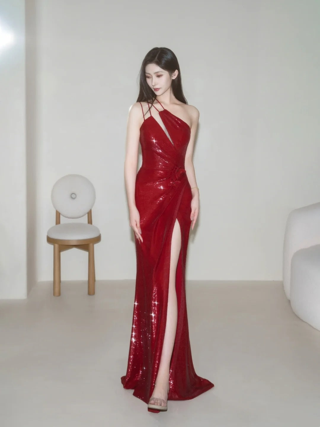 Simple Mermaid One Shoulder Burgundy Sequin Long Prom Dresses Formal Gowns Inspo Evening Outfit N225